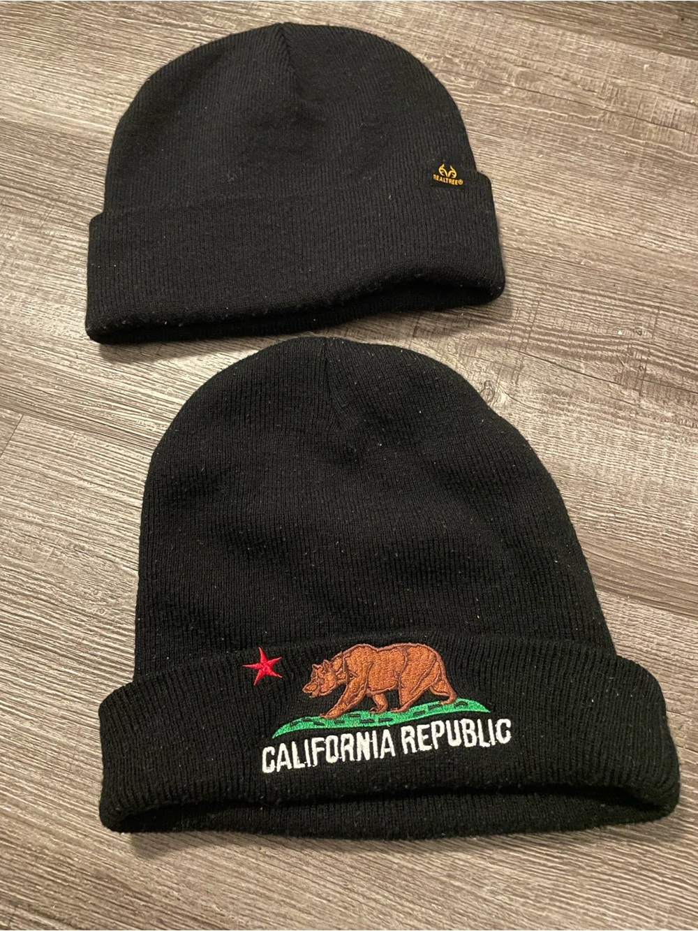 Black California Republic Embroidered Beanie & Black RealTree Beanie